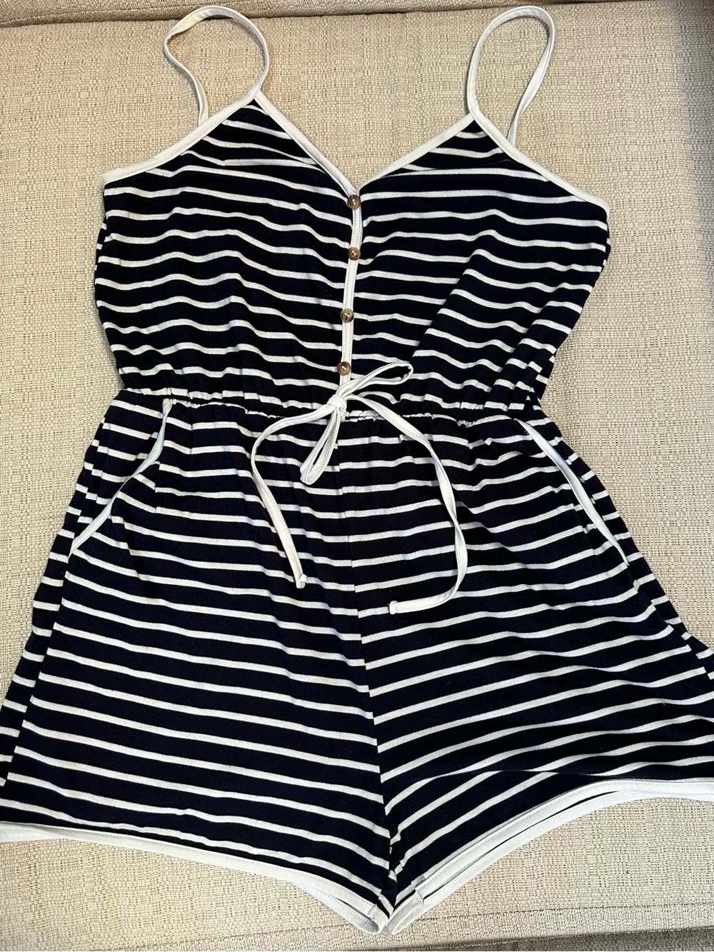 Navy & White Striped Romper with Pockets